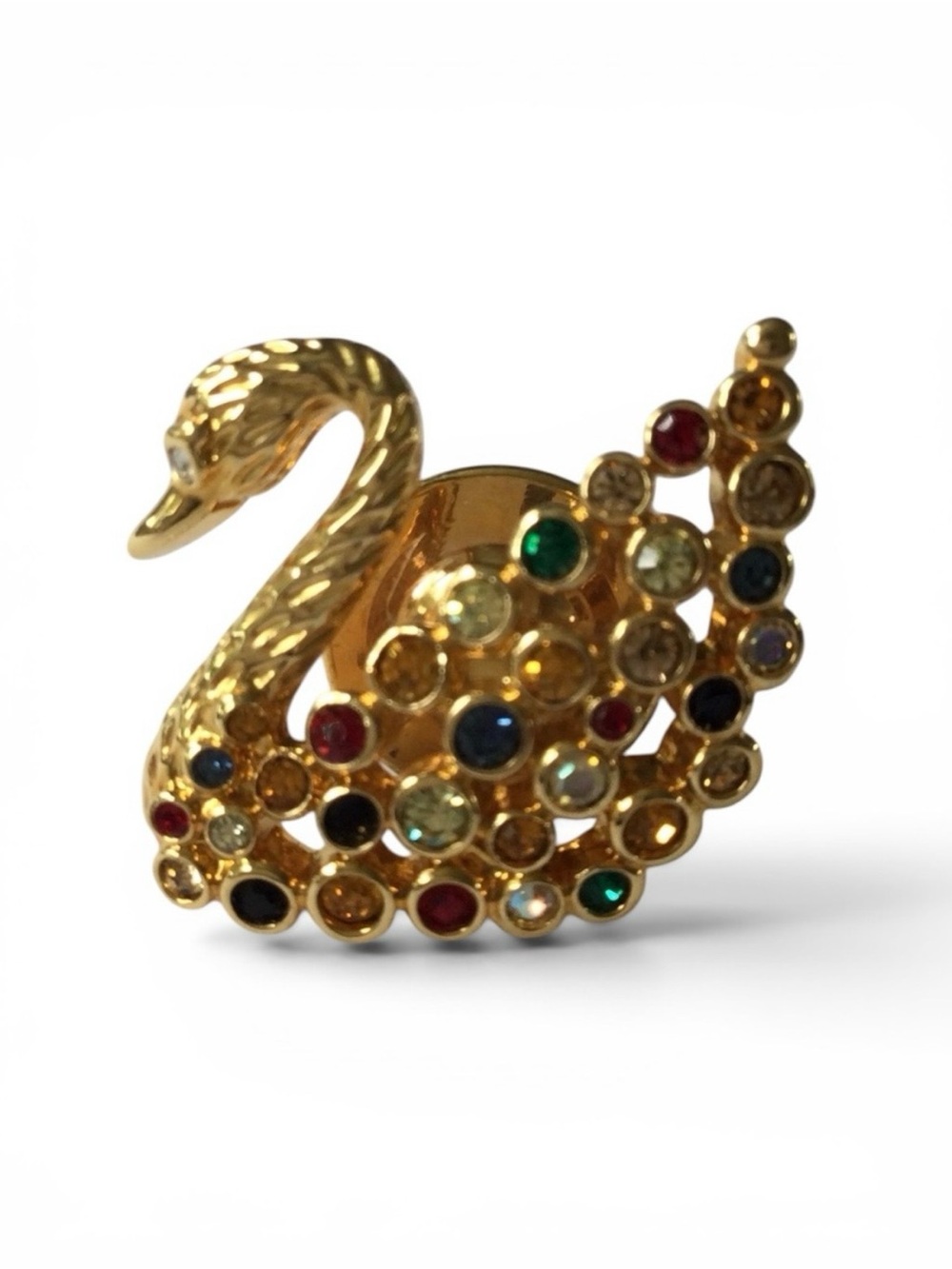 Vintage Swarovski Gold‑Tone Swan Signed Lapel Pin w/ Multicolored Crystals